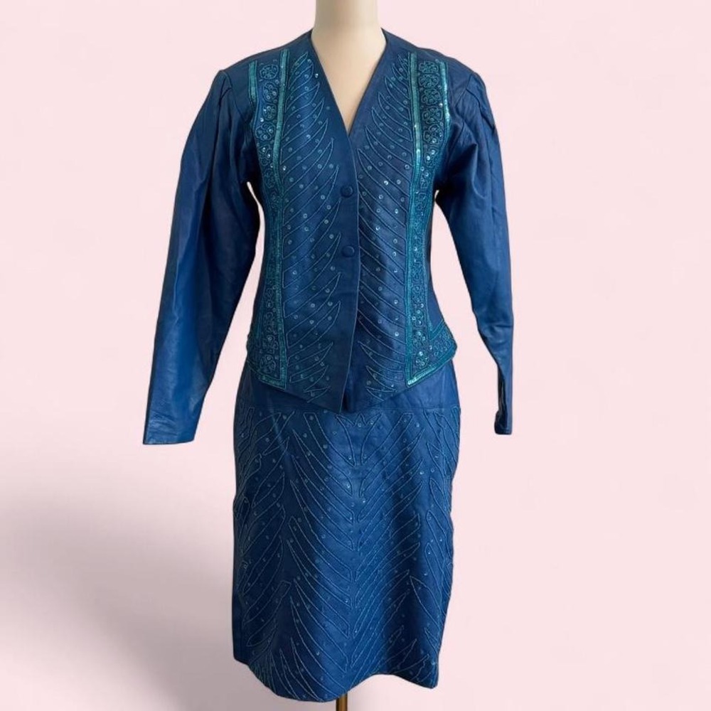 RARE Vintage Blue‎ Leather Embroidered Skirt Suit Set